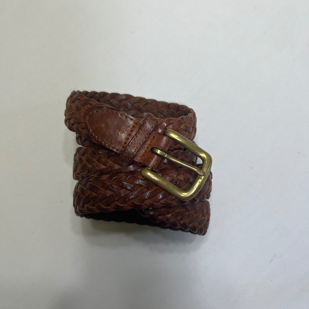 Vintage Brown Braided Genuine Leather Belt Solid Brass Buckle Size 38 Woven